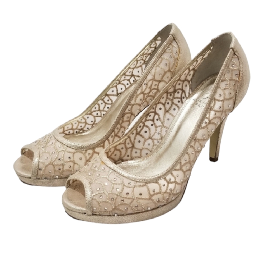 Adrianna Papell Rhinestone Gold Heels Open Toe Foxy Pumps Peep Toe 8